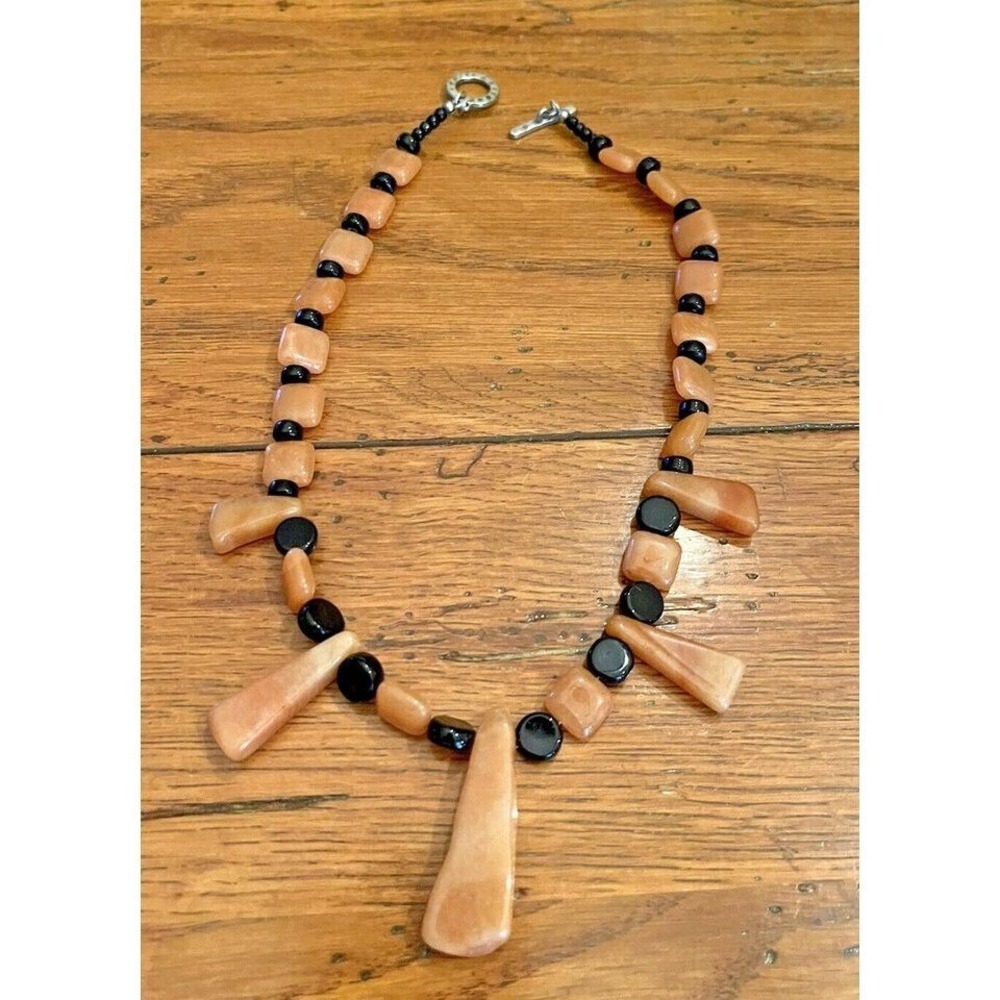 18" Handmade Square Round Dangle Stone Beaded Necklace Black & Brown Toggle